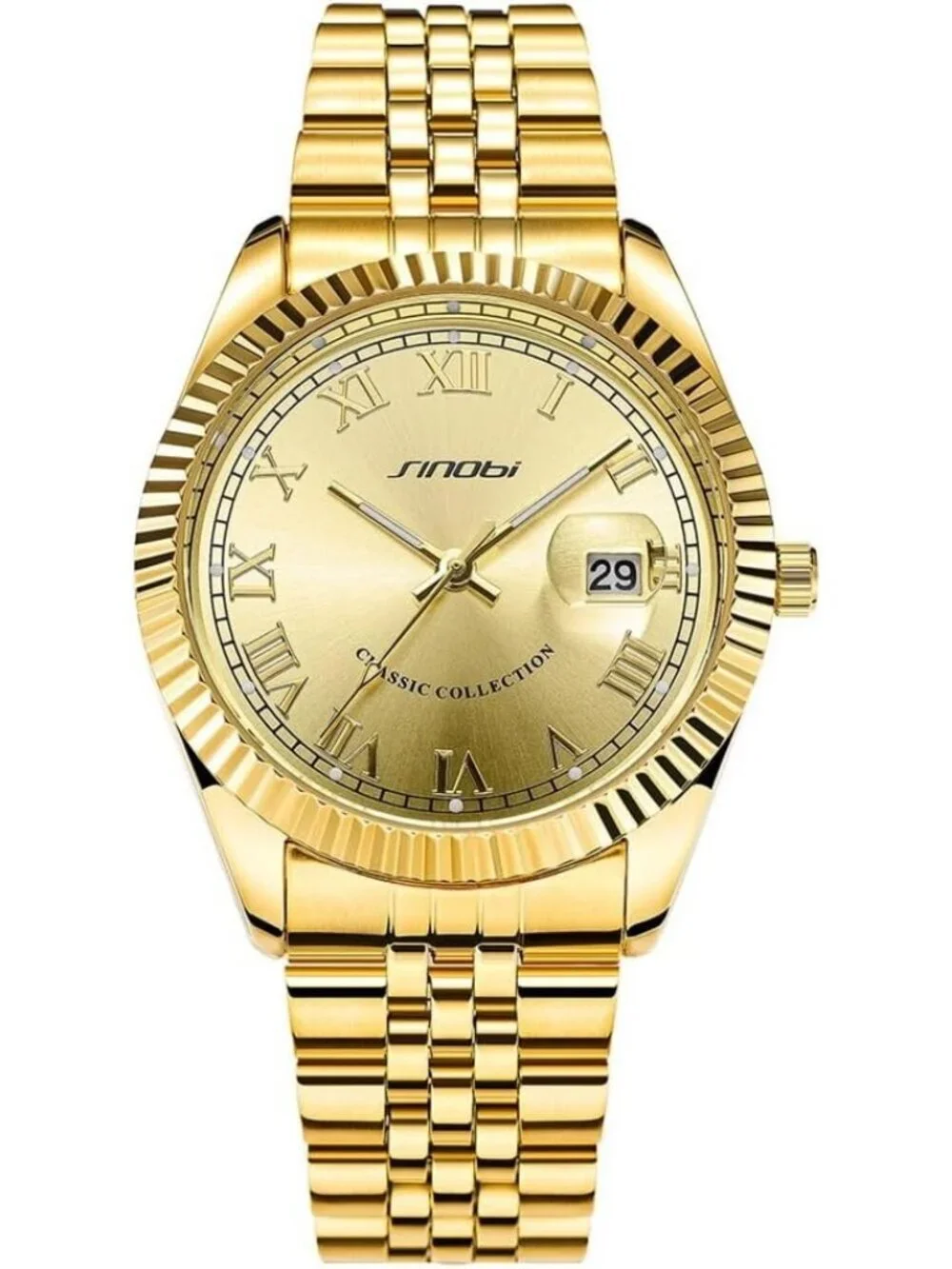 Men's Gold Luminous Hand Calendar Date Quartz Stainless Steel Round Wooden Watch